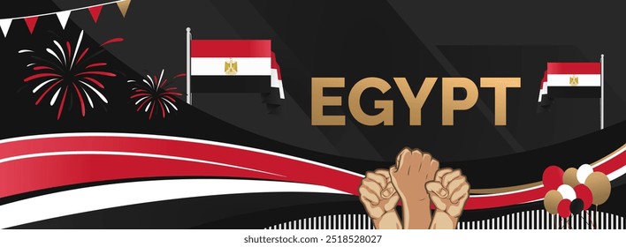Egypt National Day banner. Creative horizontal poster with Egypt flags and raised hand. Modern background for Revolution day and National holiday greeting cards, sport events and business