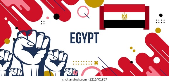 Banner del día nacional de Egipto con bandera, y diseño geométrico abstracto de fondo. Tema del Día de la Independencia de Egipto. Ilustración de vectores de protesta en Egipto.