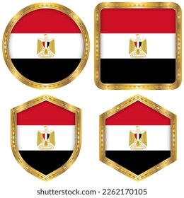 Egypt National Flag Collection Set of Circular, Square, Shield, Hexagon Gold Border Logo Button Icon Vector Design Isolated on White Background