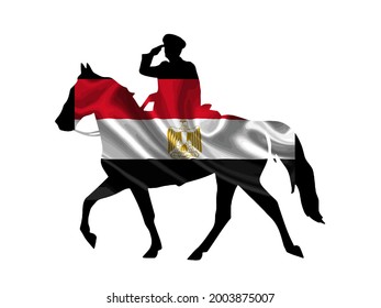Egypt national flag pinned on stallion horse and officer silhouette