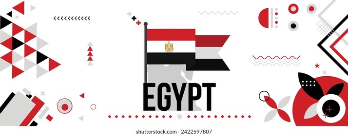 Banner del Día de la Independencia de Egipto para la celebración del país. Bandera y mapa de Egipto con puños elevados. Diseño retro moderno con iconos geométricos abstractos de tiporgafía. Ilustración vectorial.