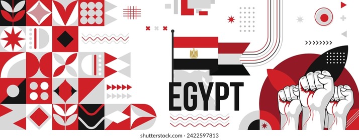 Egypt national or independence day banner for country celebration. Flag and map of Egypt with raised fists. Modern retro design with typorgaphy abstract geometric icons. Vector illustration	