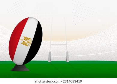 La selección nacional de rugby de Egipto en el estadio de rugby y en los puestos de gol, preparándose para un penal o patada libre. Ilustración vectorial.