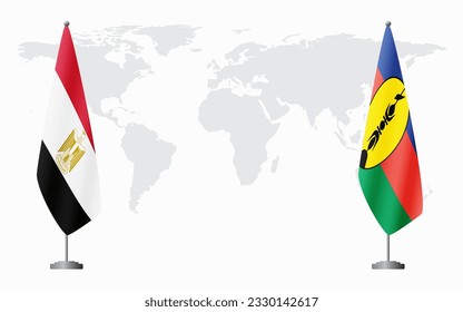 Egypt and New Caledonia flags for official meeting against background of world map.