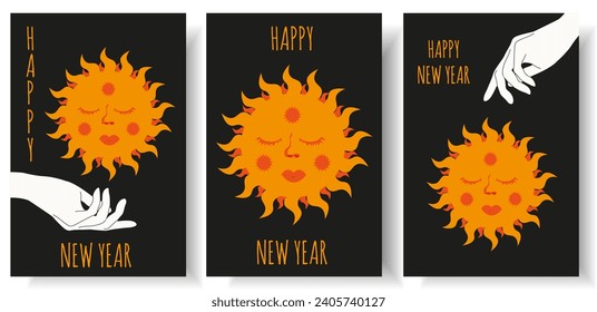 Egypt New Year 2024 greeting card design. Holiday poster template with cartoon Orange Sun on black background. Vector illustration can used web pages banner, social media poster. Celebration brochure