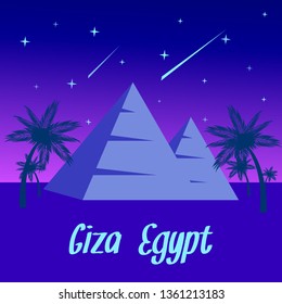 Egypt Night Landscape Cartoon Travel Postcard. Pyramids of Giza Vector Illustration. Palms in Desert Flat Drawing. World Famous Landmark, Tourist Attraction. Stars, Comets in Evening Sky