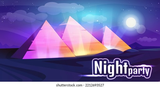 Fiesta o espectáculo nocturno de Egipto con pirámides egipcias de neón resplandeciente. Paisaje de arena desértica, luna y cielo estrellado. Cartel de la actividad nocturna con la ilustración vectorial de antiguas tumbas. Afiche publicitario.