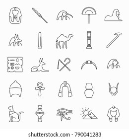 Egypt outline Icons set. Vector illustration with Egypt object with pharaon, mummy and camel. Egypt culture and traditions. Historic objects.