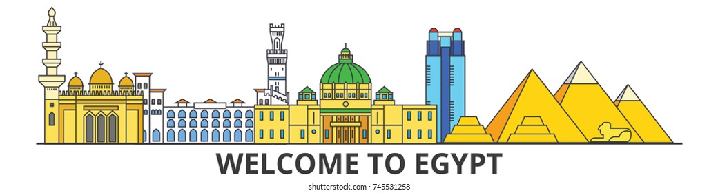 Egypt outline skyline, Egyptian flat thin line icons, landmarks, illustrations. Egypt cityscape, Egyptian travel city vector banner. Urban silhouette