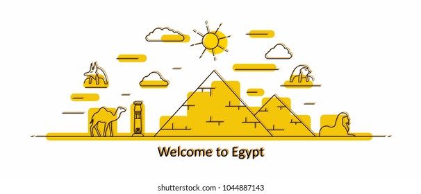 Egypt panorama. Egypt vector illustration in outline style with buildings and history architecture. Welcome to Egypt.