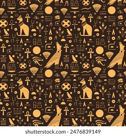 Egypt pattern with Egyptian mythological elements, magic animals and spiritual symbols such as cat and hawk.