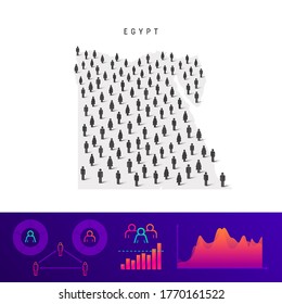 Mapa de la gente de Egipto. Silhouette vectorial detallada. Multitud mixta de íconos de hombres y mujeres. Elementos infográficos de población. Ilustración vectorial aislada en blanco.