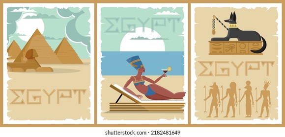 Egypt pharaoh poster. Cleopatra cover with pattern texture. Ancient pyramid or Sphinx. Hieroglyph mural. Africa art elements. Nefertiti vacation. Jackal sculpture. Vector illustrations set