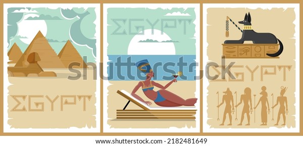 Egypt pharaoh poster. Cleopatra cover with pattern texture. Ancient pyramid or Sphinx. Hieroglyph mural. Africa art elements. Nefertiti vacation. Jackal sculpture. Vector illustrations set