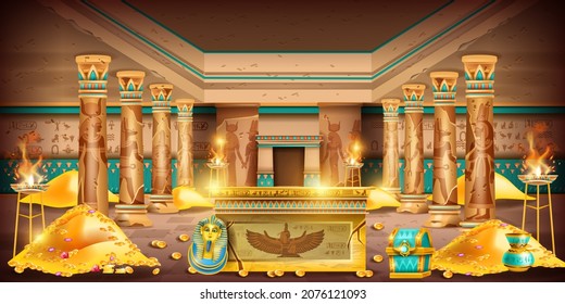 Egypt pharaoh tomb game background, ancient temple interior, secret treasure room, gold coin pile. Old civilization palace sarcophagus, stone column, jewelry chest, mural hieroglyphs. Egypt tomb