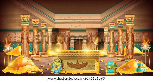 Egypt pharaoh tomb game background, ancient temple\
interior, secret treasure room, gold coin pile. Old civilization\
palace sarcophagus, stone column, jewelry chest, mural hieroglyphs.\
Egypt tomb
