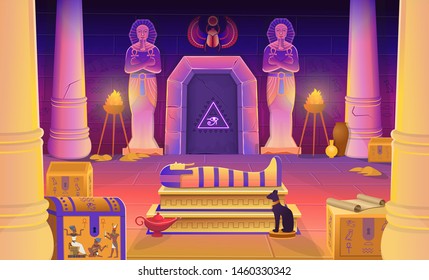 Egypt pharaoh tomb with a sarcophagus, chests, statues of the pharaoh with the ankh, a cat figurine, columns and a lamp. Vector cartoon illustration for games.