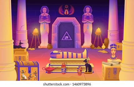 Egypt pharaoh tomb with a sarcophagus, chests, statues of the pharaoh with the ankh, a cat figurine, dog, Nefertiti, columns and a lamp. Vector cartoon illustration for games.