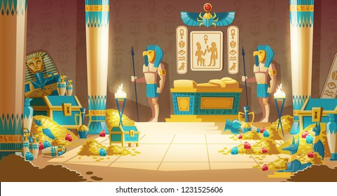 Egypt pharaoh tomb or treasury cartoon vector with warriors in masks, armed spears, standing near royal golden sarcophagus in ancient crypt full of gold coins, precious stones and mysterious artifacts