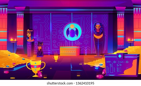 Egypt pharaoh tomb, treasury full of gold coins, precious gems and ancient artifacts cartoon vector in neon colors. Pharaoh sarcophagus, cat and queen statuettes, dung- beetle bas-relief illustration