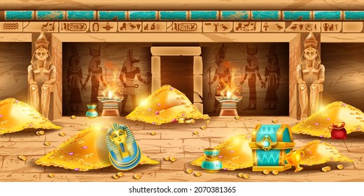 Egypt pharaoh treasure background, vector game ancient pyramid interior, tomb secret room, gold pile. Archeology illustration, stone sarcophagus, vintage chest, hieroglyph. Egypt treasure chamber