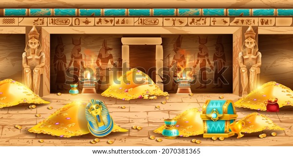 Egypt pharaoh treasure background, vector game\
ancient pyramid interior, tomb secret room, gold pile. Archeology\
illustration, stone sarcophagus, vintage chest, hieroglyph. Egypt\
treasure chamber