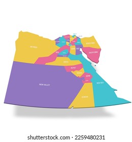 Egypt political map of administrative divisions - governorates. 3D colorful vector map with name labels.