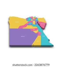 Egypt political map of administrative divisions - governorates. Colorful 3D vector map with dropped shadow and country name labels.