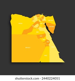 Egypt political map of administrative divisions - governorates. Yellow shade flat vector map with name labels and dropped shadow isolated on dark grey background.