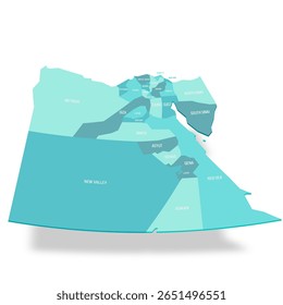 Egypt political map of administrative divisions - governorates. 3D turquoise vector map with name labels.