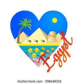 Egypt poster as a heart with pyramids, sphinx, palm tree, camels, marine life, fish and corals. Vector illustration