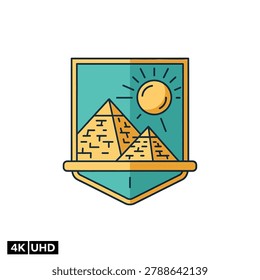 Egypt pyramid emblem with sun in shield frame icon.