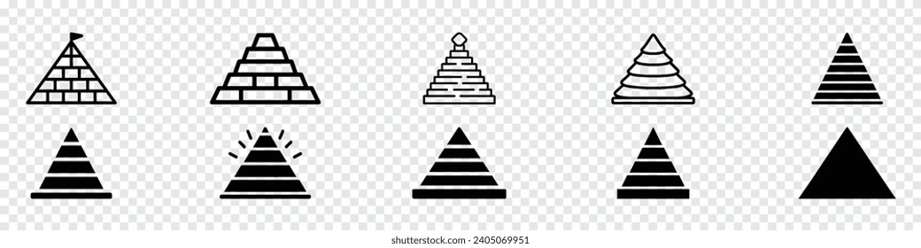 Icono de pirámide de Egipto, icono de contorno de trazo editable de la pirámide de jerarquía, gráfico de pirámide. Símbolo egipcio de tres pirámides negras, vector de icono de la pirámide. Sencillo símbolo de pirámides financieras.