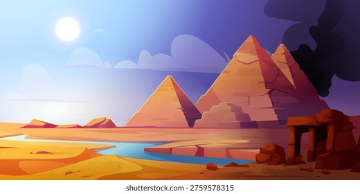 Egypt pyramid landscape with dramatic smoke clouds and ancient ruins. Cartoon desert scene with Egyptian pyramids along Nile river under bright sun. Sandy terrain with destroyed obelisk and blue water