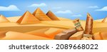 Egypt pyramid landscape, vector desert game background, sand dune panoramic view, broken column. Africa scene, old stone ruin, Egyptian civilization ancient architecture, blue sky. Egypt landscape