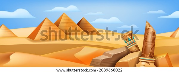 Egypt pyramid landscape, vector desert game
background, sand dune panoramic view, broken column. Africa scene,
old stone ruin, Egyptian civilization ancient architecture, blue
sky. Egypt landscape