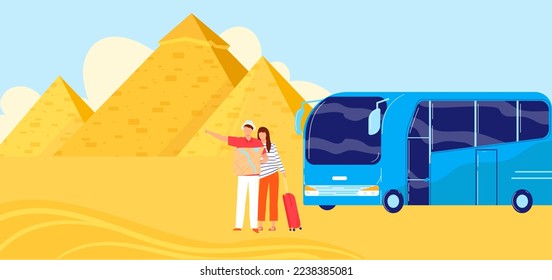 Egypt pyramid, tourist travel bus, tourism trip, transportation background, design, in cartoon style vector illustration.