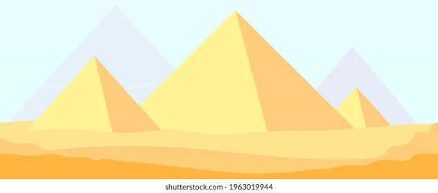 Egypt pyramids background. Ancient sunlight pyramid landscape, old history architecture. Flat cartoon egyptian desert utter vector panorama