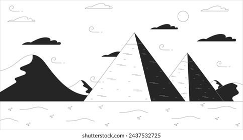 Egypt pyramids black and white line illustration. Egyptian landscape 2D scenery monochrome background. Ancient architecture. Travel landmarks desert. Famous place monuments outline scene vector image