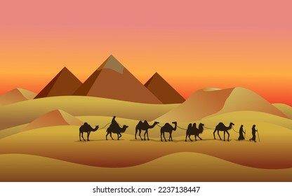 Egypt pyramids. Camels in Egyptian desert. Caravan silhouette in sunset or sunrise scenery. Bedouins travel in sands of Sahara. African panorama. Vector illustration current background