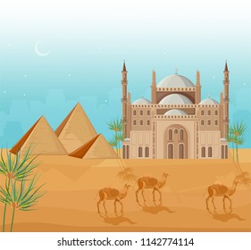 Egypt pyramids card background Vector. Desert view and mosque architecture poster templates