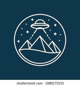 Egypt Pyramids at night with UFO flying saucer. Alien built pyramids theory. Simple, modern line icon or logo, vector illustraton.