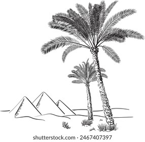 Egypt pyramids and palm trees in the desert. Hand drawn vector illustration. Sketch