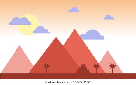 Egypt pyramids with palms in desert flat design. Travel concept famous Sunset Vector Illustration. Africa