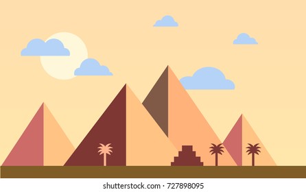 Egypt pyramids with palms in desert flat design. Travel concept famous Sunset Vector Illustration. Africa