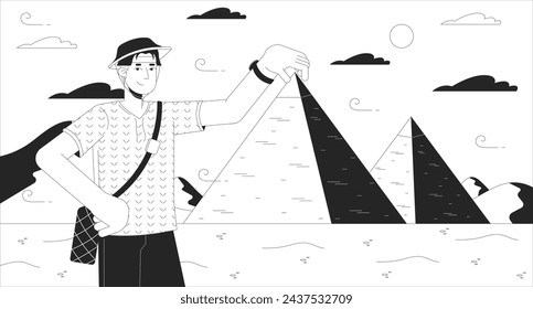 Egipto pirámides de turismo en blanco y negro ilustración de línea. Fondo monocromo del personaje 2D del hombre asiático del turista de vacaciones. Viajero coreano posando sosteniendo la imagen vectorial de la escena del contorno de la pirámide