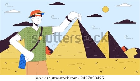 Egypt pyramids sightseeing cartoon flat illustration. Holiday tourist asian man 2D line character colorful background. Korean male traveler posing holding pyramid scene vector storytelling image