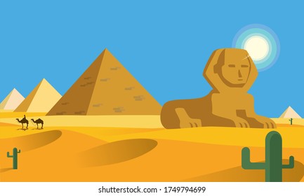 Pirámides de Egipto con esfinge. Famoso punto de referencia africano, las pirámides egipcias. Desierto. Ilustración vectorial.