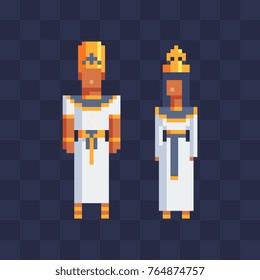 Egypt queen Cleopatra. Pharaoh character. Pixel art style. Egyptian imperial family in ancient clothes. 8-bit. Isolated abstract vector illustration.