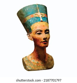 Egypt queen vector picture. Nefertiti illustration. Nefertiti cartoon drawing. Antique egypt statues. Egyptology museum. Egypt mythology. Watercolor hand drawn. Clipart for logo, decor and design.